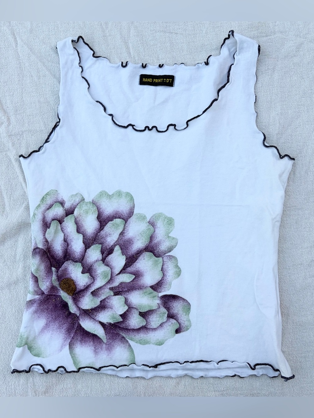 Hand Print by D’T Beaded Floral Ruffle Lettuce Trim Tank Top, Y2K Streetwear